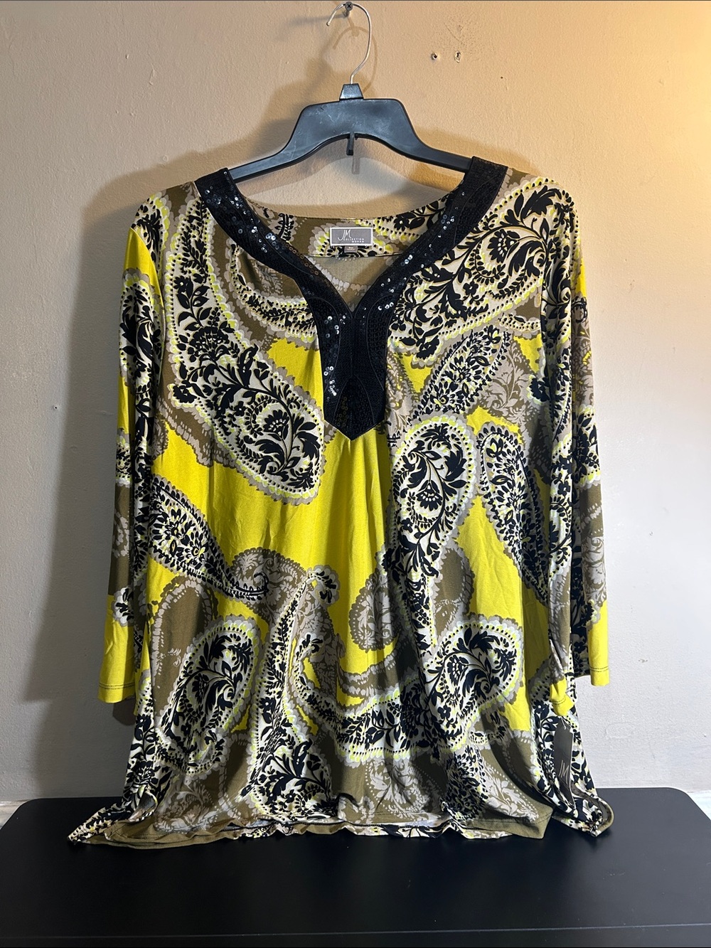 JM Collection Chartreuse Paisley Sequin-Neckline Blouse New With Tags. Size 3XL.